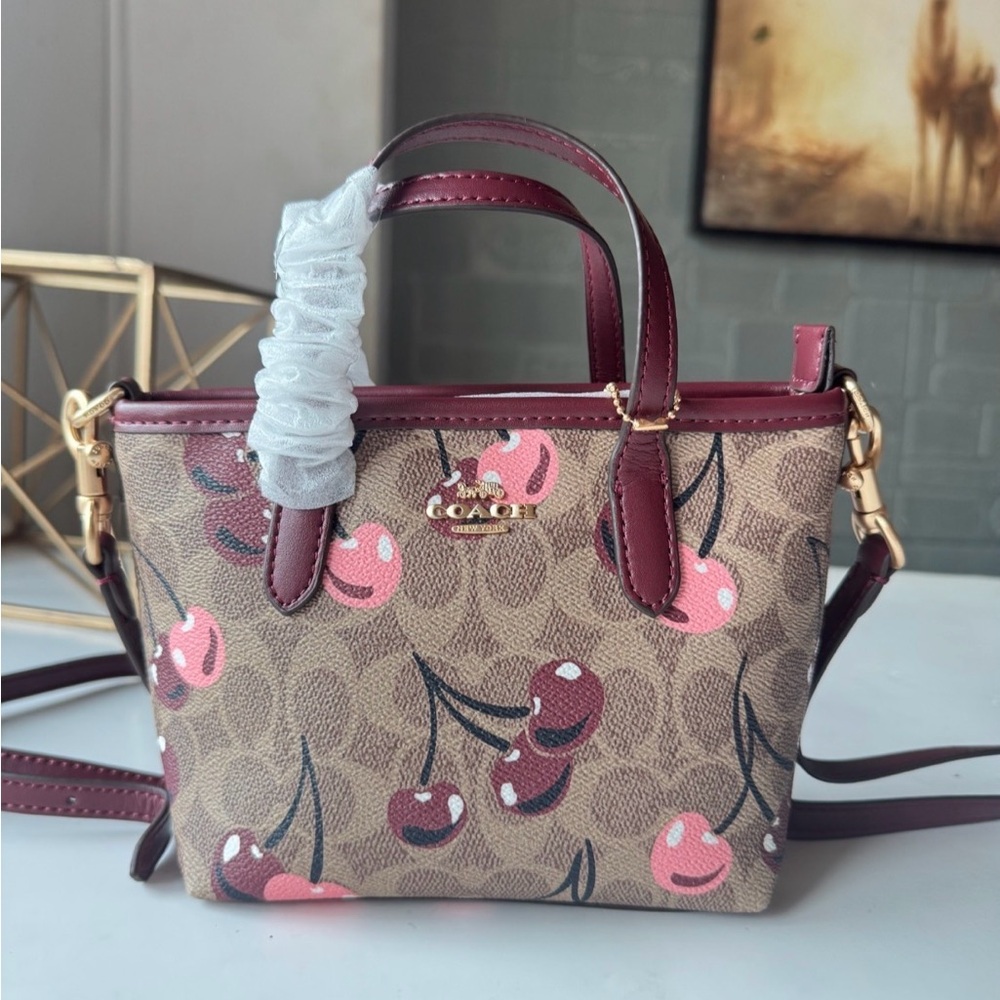 Coach Cherry Print Mini Bag in Tan and Burgundy
